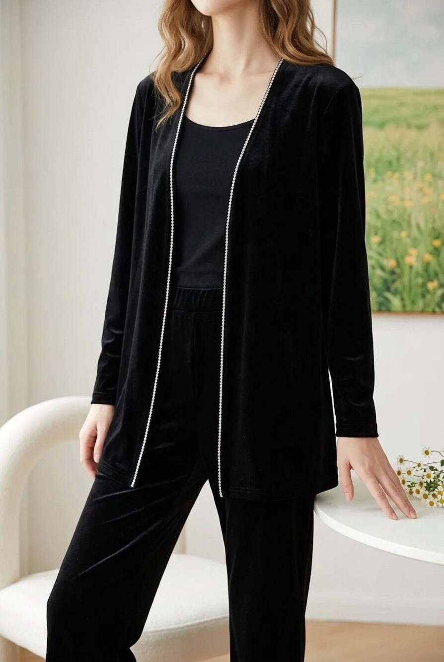 Danielle Casey Black Velvet Rhinestone Trim Open Front Cardigan Jacket